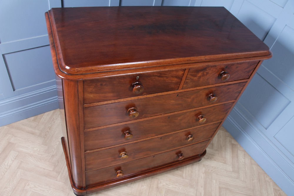 Original Antique Victorian Large Flame Grain Mahogany Chest of 6 Deep Drawers View VIII