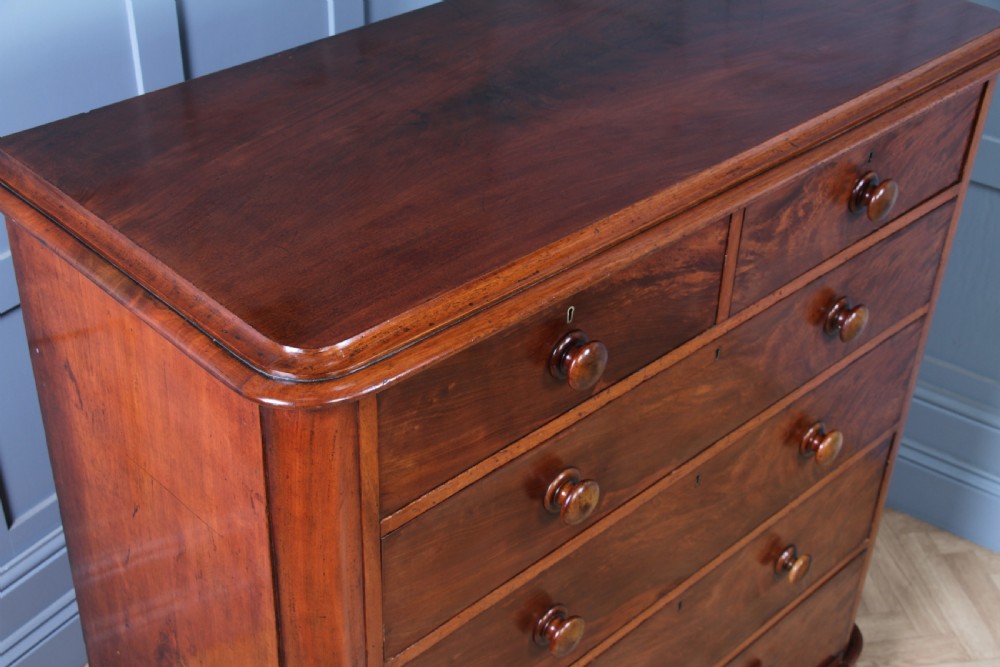 Original Antique Victorian Large Flame Grain Mahogany Chest of 6 Deep Drawers View IX