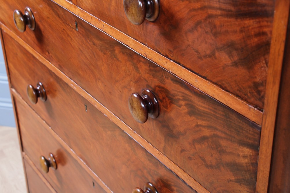 Original Antique Victorian Large Flame Grain Mahogany Chest of 6 Deep Drawers View X