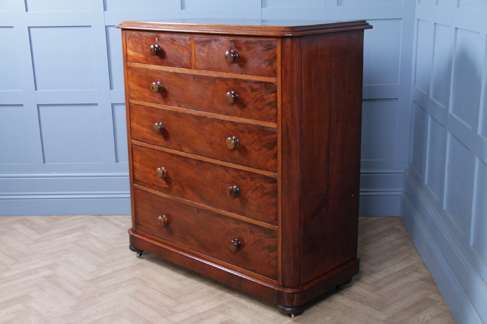 Original Antique Victorian Large Flame Grain Mahogany Chest of 6 Deep Drawers View XI