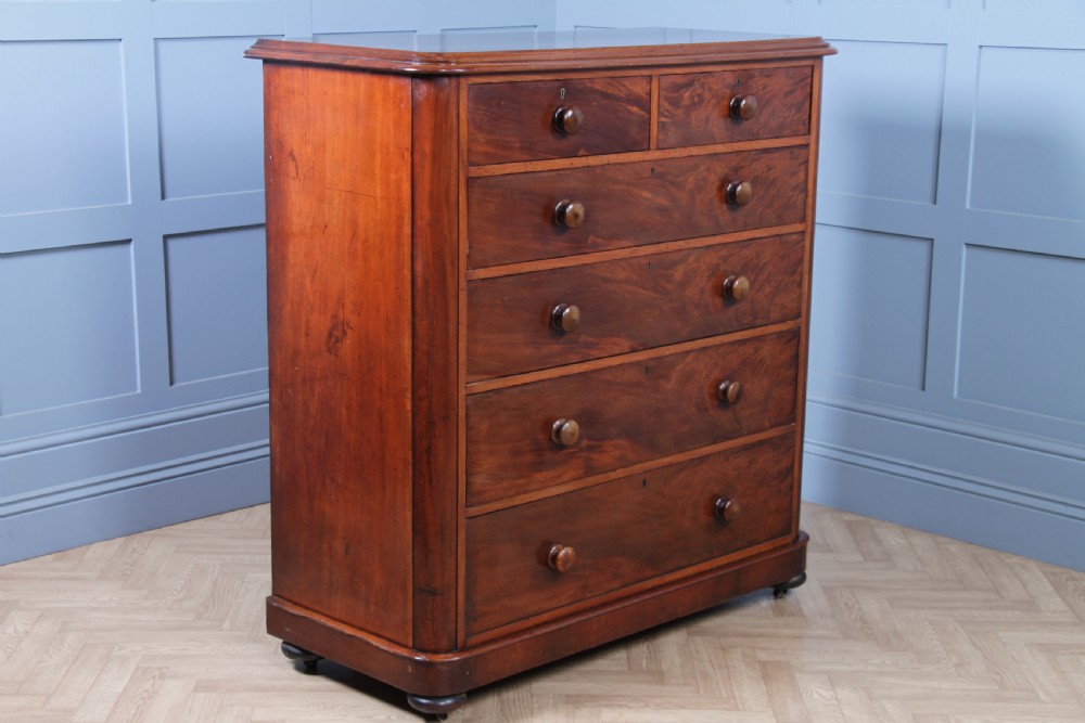 Original Antique Victorian Large Flame Grain Mahogany Chest of 6 Deep Drawers View XIV