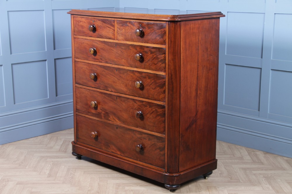 Original Antique Victorian Large Flame Grain Mahogany Chest of 6 Deep Drawers View XV