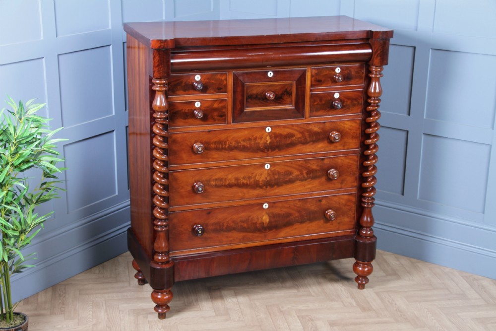 Original Antique Victorian Grand Flame Grain Mahogany Scottish Chest of 8 Drawers