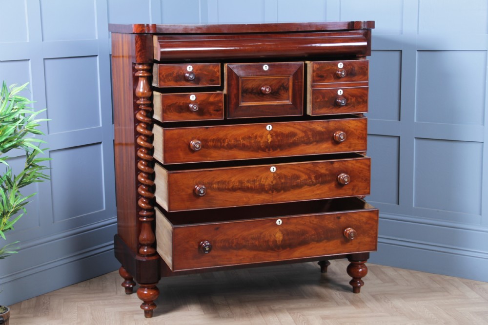 Original Antique Victorian Grand Flame Grain Mahogany Scottish Chest of 8 Drawers View II