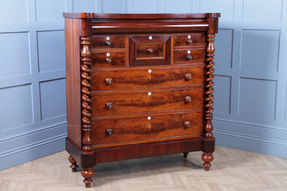 Original Antique Victorian Grand Flame Grain Mahogany Scottish Chest of 8 Drawers View III