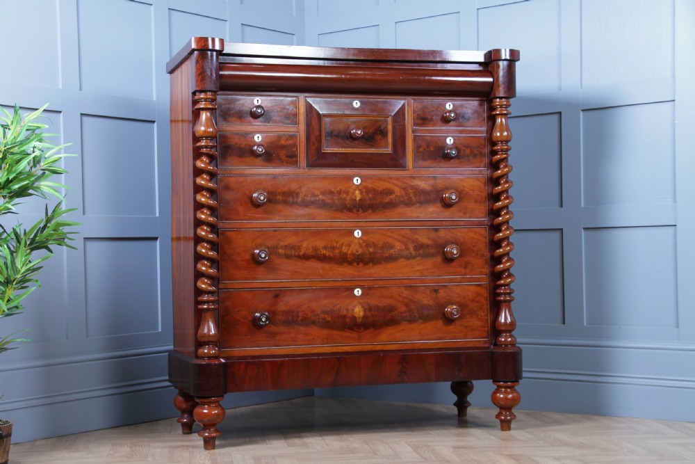 Original Antique Victorian Grand Flame Grain Mahogany Scottish Chest of 8 Drawers View IV