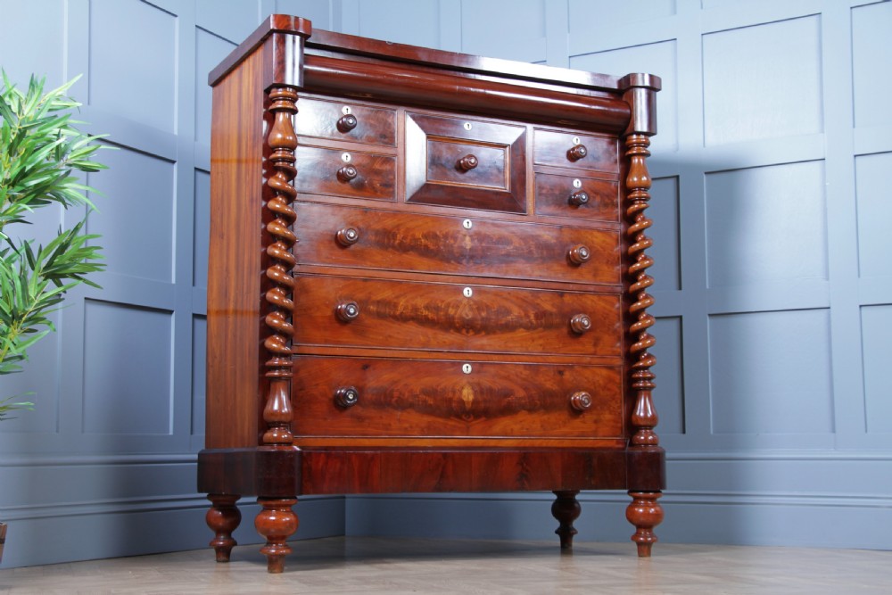 Original Antique Victorian Grand Flame Grain Mahogany Scottish Chest of 8 Drawers View V