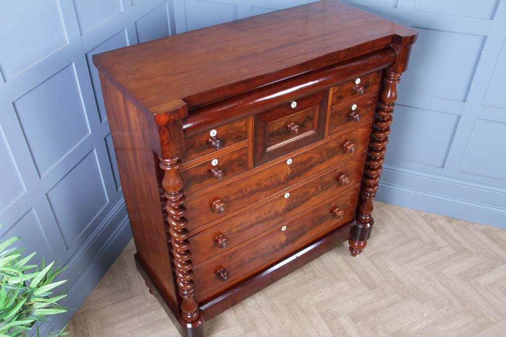 Original Antique Victorian Grand Flame Grain Mahogany Scottish Chest of 8 Drawers View VI