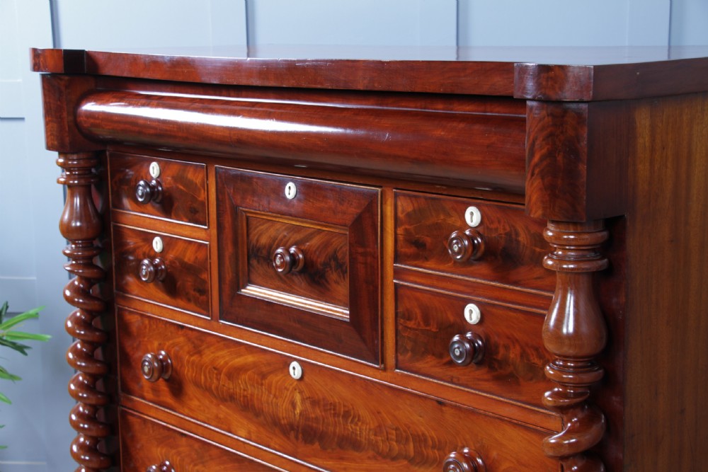 Original Antique Victorian Grand Flame Grain Mahogany Scottish Chest of 8 Drawers View VII