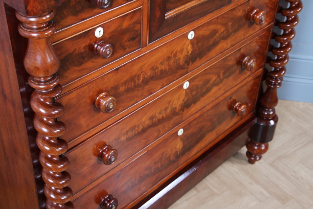 Original Antique Victorian Grand Flame Grain Mahogany Scottish Chest of 8 Drawers View VIII