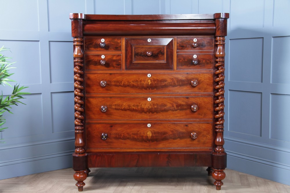 Original Antique Victorian Grand Flame Grain Mahogany Scottish Chest of 8 Drawers View IX
