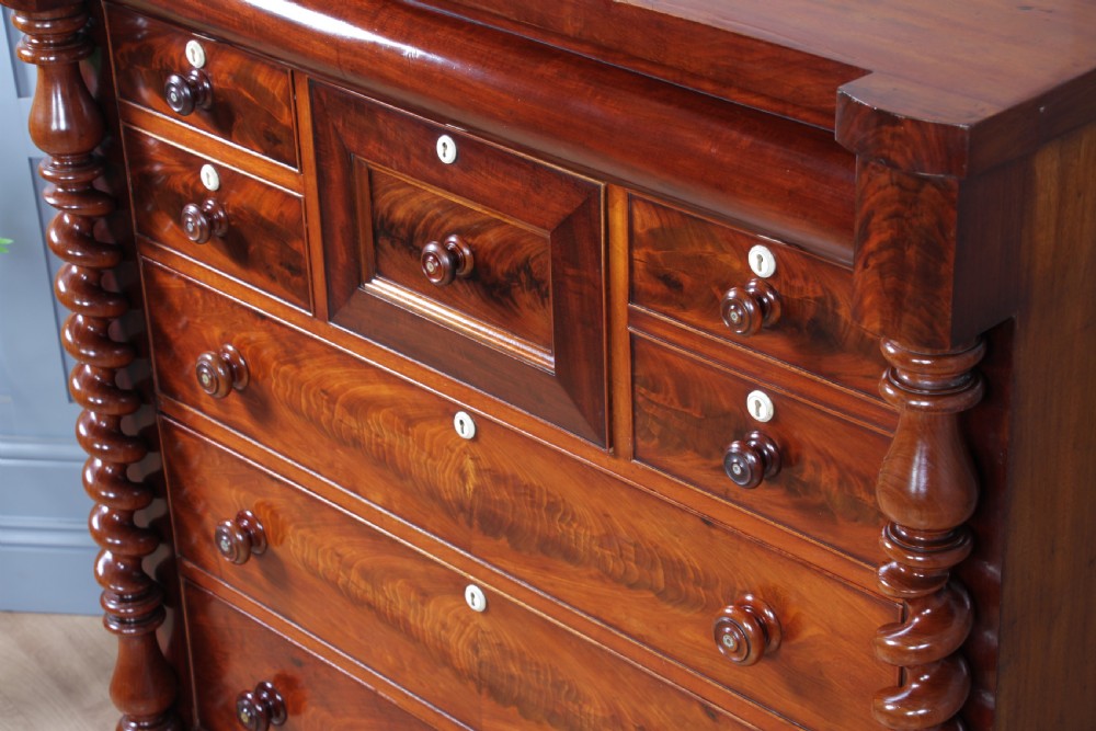 Original Antique Victorian Grand Flame Grain Mahogany Scottish Chest of 8 Drawers View X