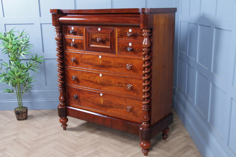 Original Antique Victorian Grand Flame Grain Mahogany Scottish Chest of 8 Drawers View XII