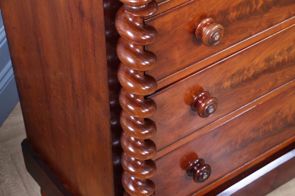 Original Antique Victorian Grand Flame Grain Mahogany Scottish Chest of 8 Drawers View XIV