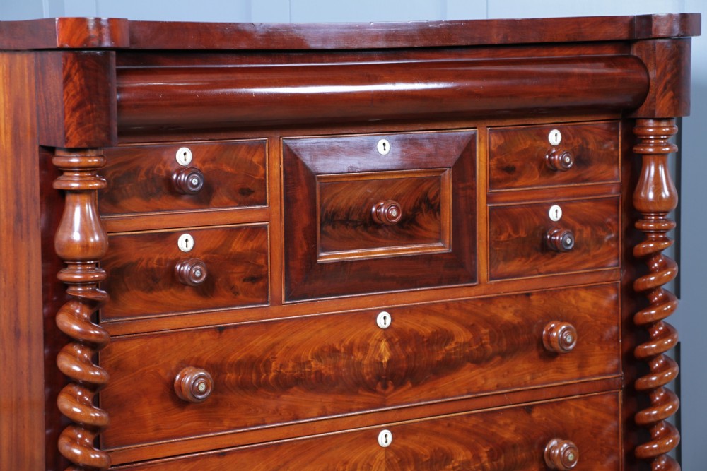 Original Antique Victorian Grand Flame Grain Mahogany Scottish Chest of 8 Drawers View XV