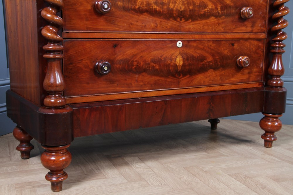 Original Antique Victorian Grand Flame Grain Mahogany Scottish Chest of 8 Drawers View XVI
