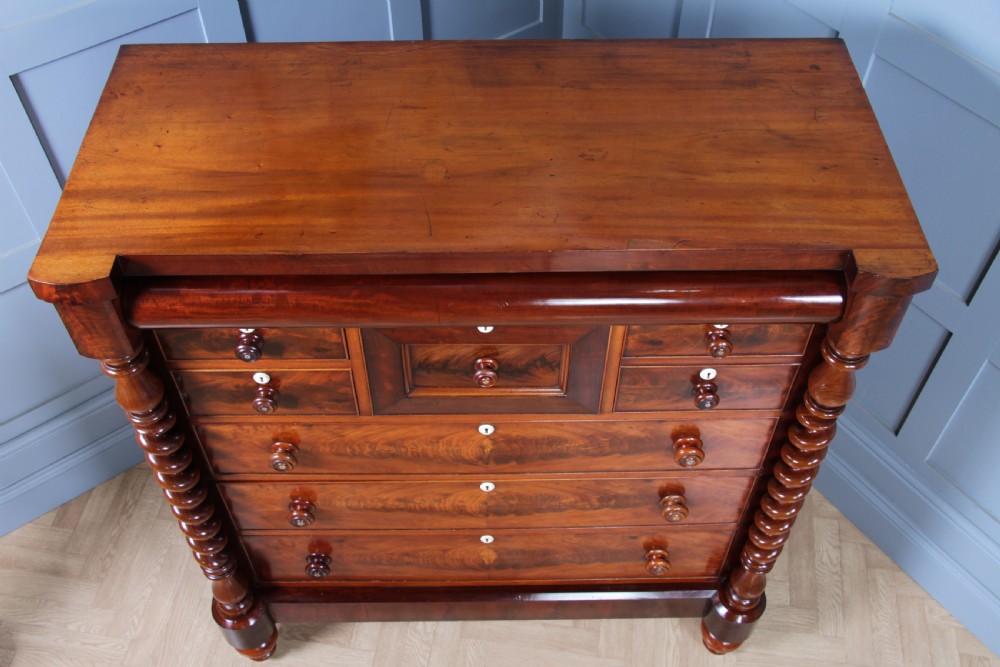 Original Antique Victorian Grand Flame Grain Mahogany Scottish Chest of 8 Drawers View XVIII