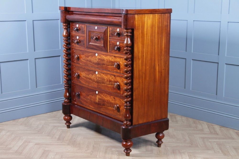 Original Antique Victorian Grand Flame Grain Mahogany Scottish Chest of 8 Drawers View XIX