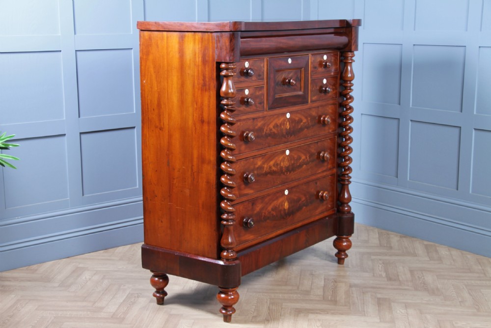 Original Antique Victorian Grand Flame Grain Mahogany Scottish Chest of 8 Drawers View XX