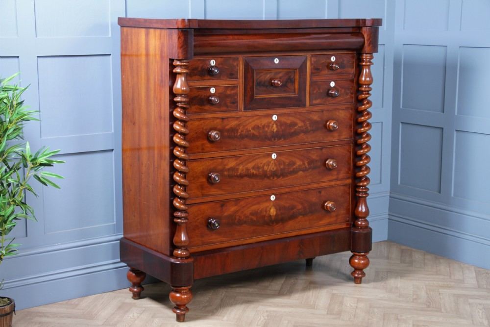 Original Antique Victorian Grand Flame Grain Mahogany Scottish Chest of 8 Drawers View XXI