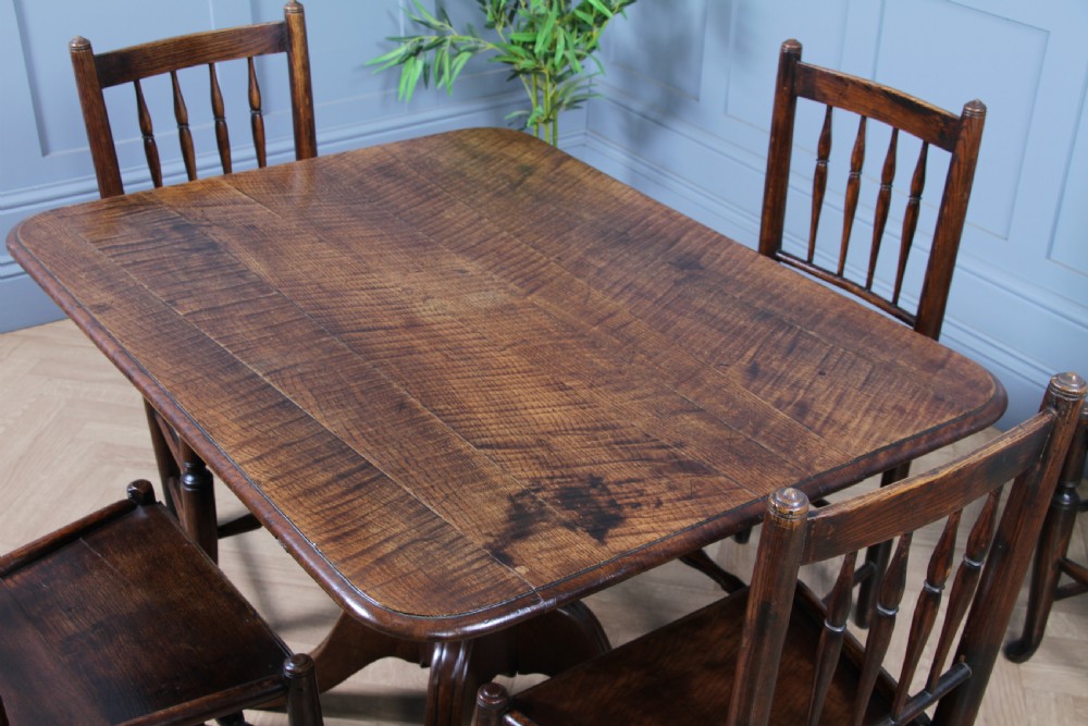 Antique Georgian Country Fiddle back Oak Flip Top Dining Table and 5 Matching Chairs 1798 View II
