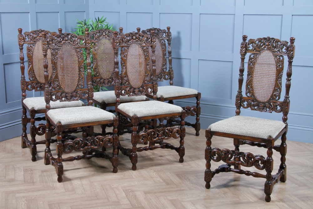 Set of 6 Antique Charles II Jacobean C1920's Oak Heavily Carved Tall Back Dining Chairs
