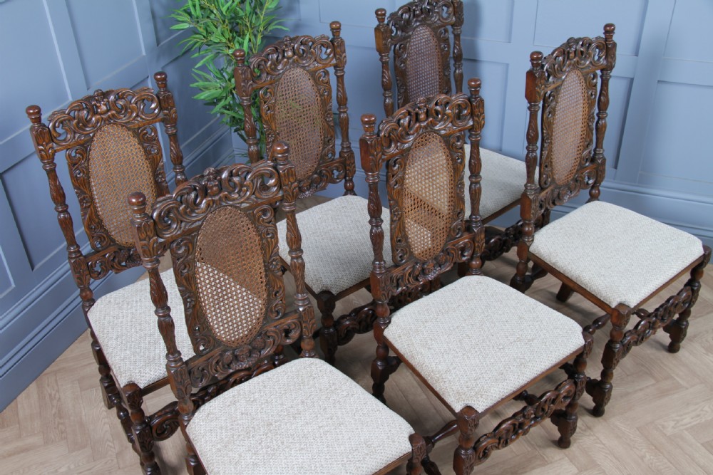 Set of 6 Antique Charles II Jacobean C1920's Oak Heavily Carved Tall Back Dining Chairs View III