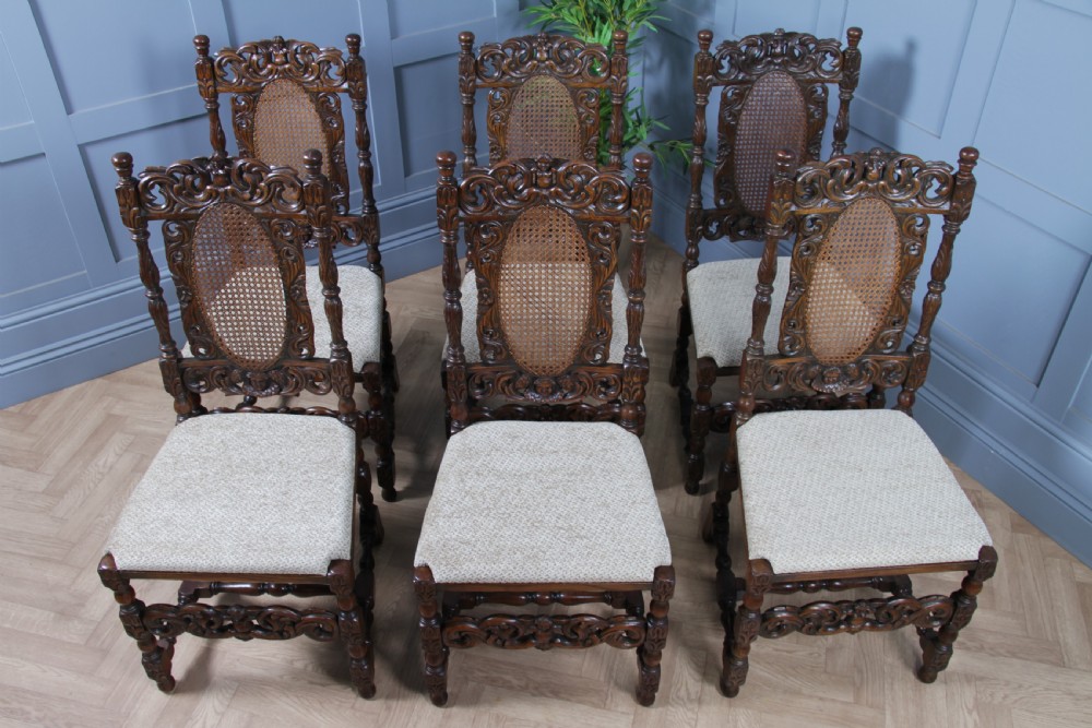 Set of 6 Antique Charles II Jacobean C1920's Oak Heavily Carved Tall Back Dining Chairs View IV