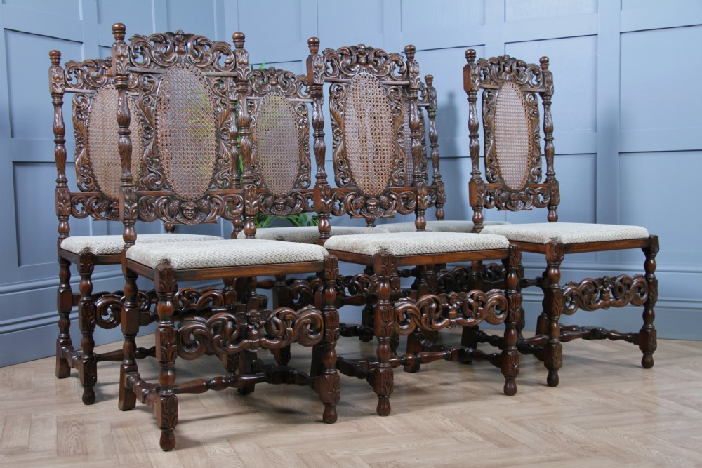Set of 6 Antique Charles II Jacobean C1920's Oak Heavily Carved Tall Back Dining Chairs View V