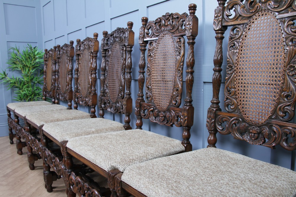 Set of 6 Antique Charles II Jacobean C1920's Oak Heavily Carved Tall Back Dining Chairs View VI