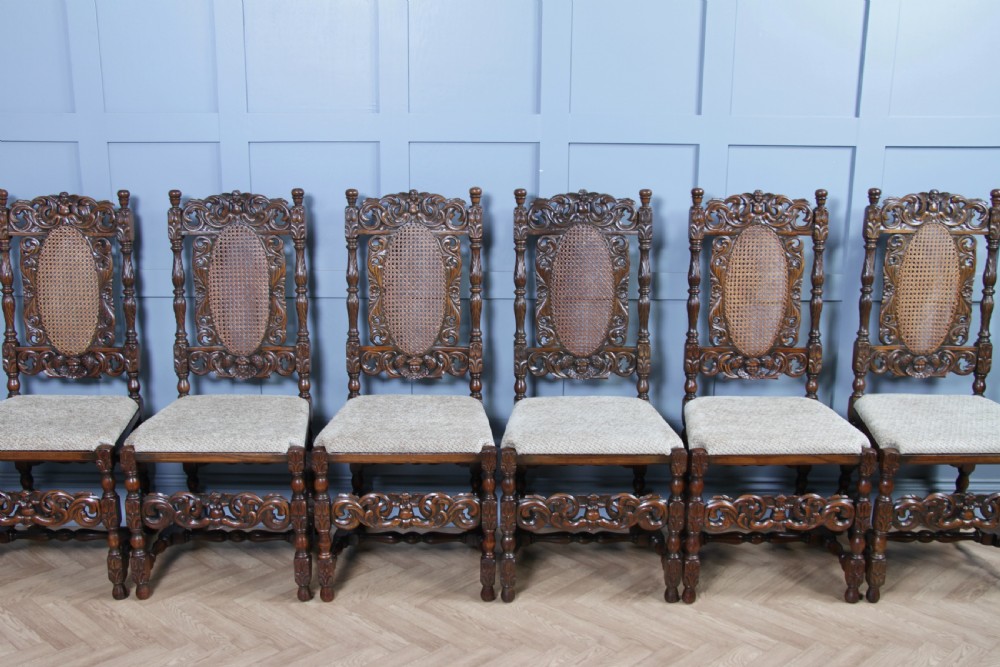 Set of 6 Antique Charles II Jacobean C1920's Oak Heavily Carved Tall Back Dining Chairs View VII