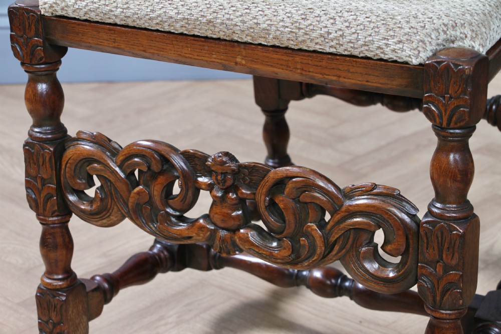 Set of 6 Antique Charles II Jacobean C1920's Oak Heavily Carved Tall Back Dining Chairs View VIII