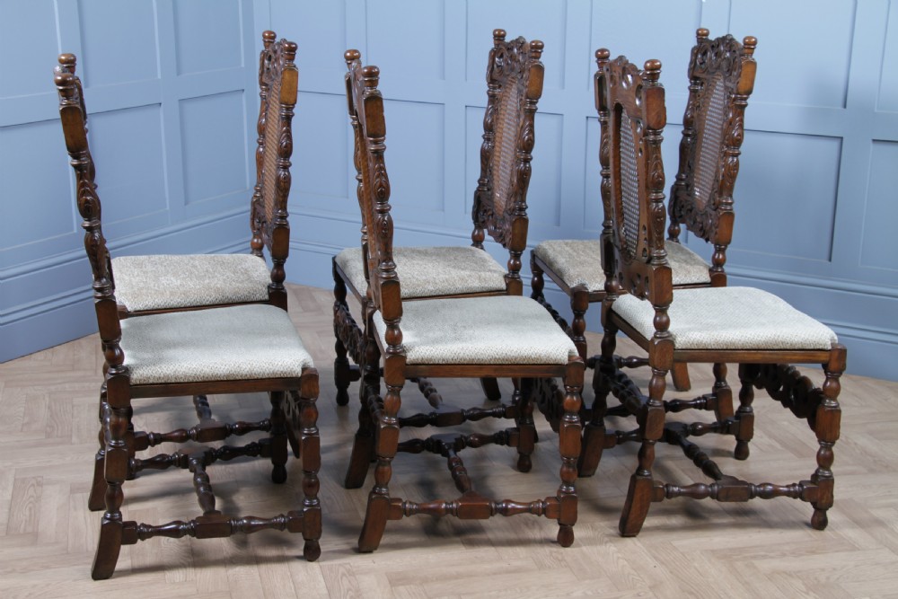 Set of 6 Antique Charles II Jacobean C1920's Oak Heavily Carved Tall Back Dining Chairs View IX