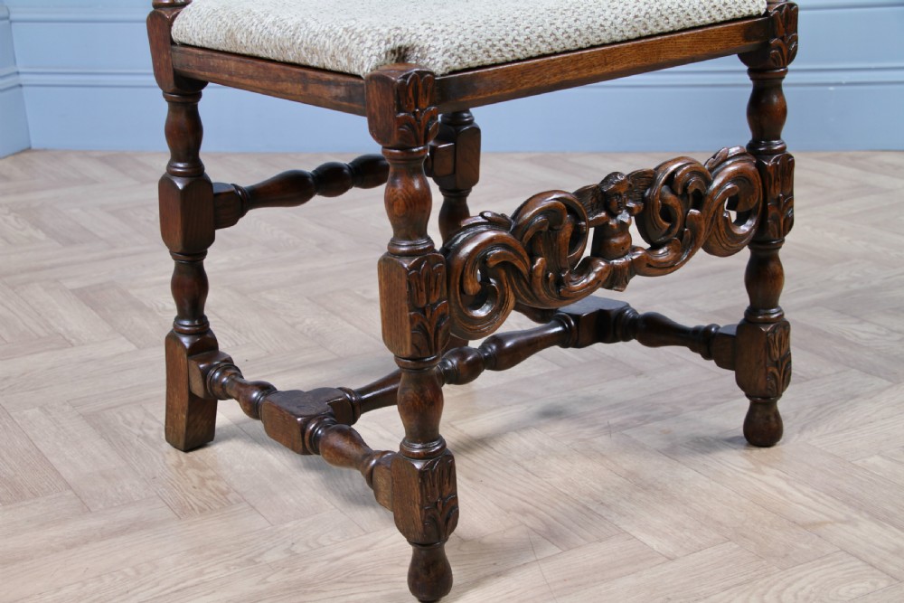 Set of 6 Antique Charles II Jacobean C1920's Oak Heavily Carved Tall Back Dining Chairs View X
