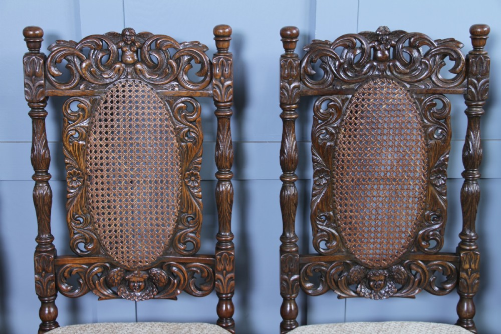 Set of 6 Antique Charles II Jacobean C1920's Oak Heavily Carved Tall Back Dining Chairs View XI