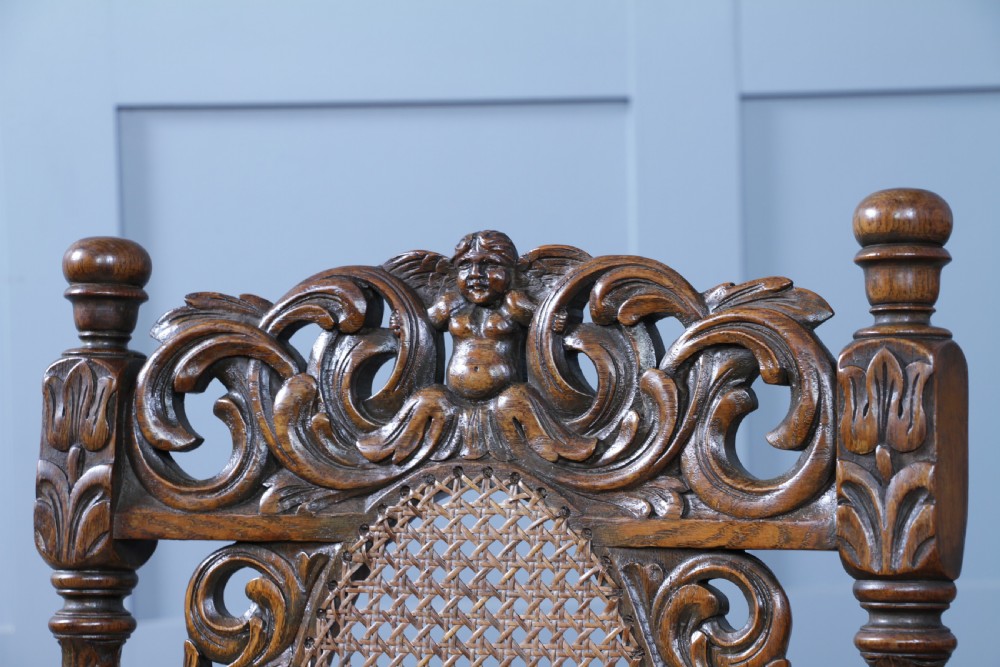 Set of 6 Antique Charles II Jacobean C1920's Oak Heavily Carved Tall Back Dining Chairs View XII