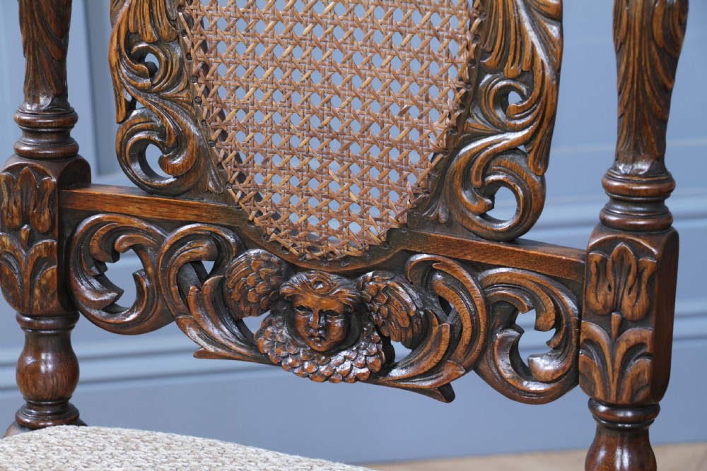 Set of 6 Antique Charles II Jacobean C1920's Oak Heavily Carved Tall Back Dining Chairs View XIII