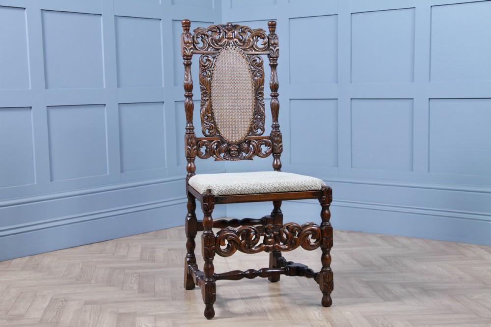 Set of 6 Antique Charles II Jacobean C1920's Oak Heavily Carved Tall Back Dining Chairs View XIV