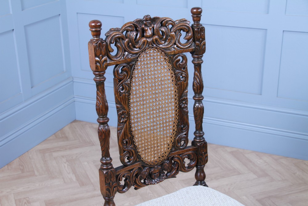 Set of 6 Antique Charles II Jacobean C1920's Oak Heavily Carved Tall Back Dining Chairs View XV