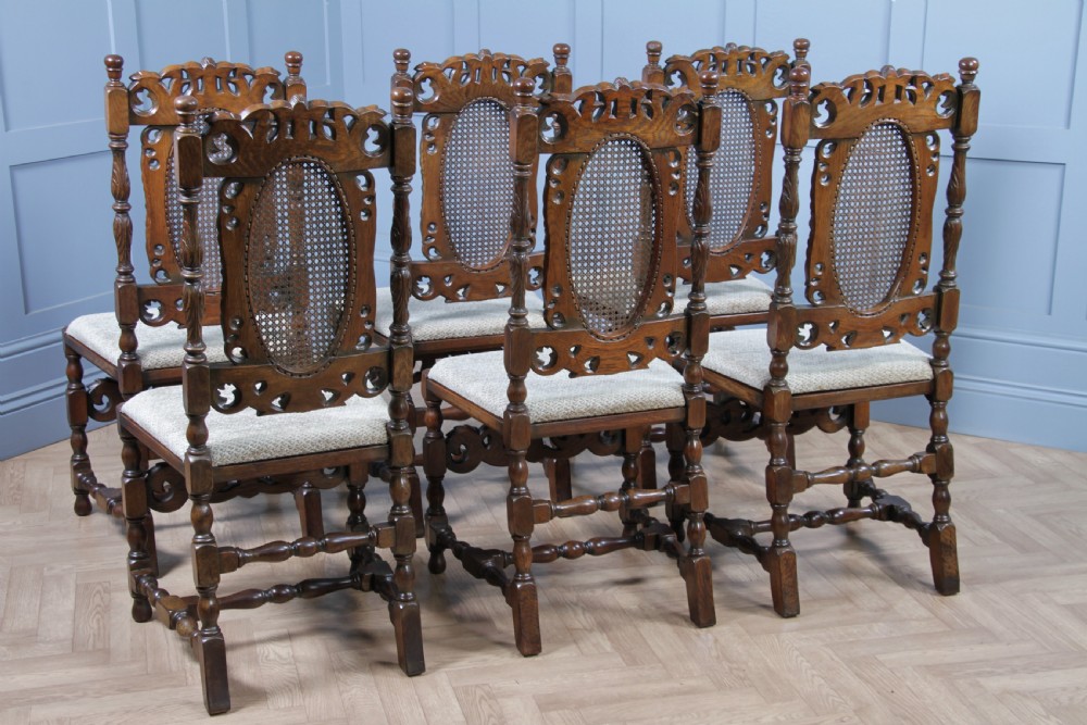 Set of 6 Antique Charles II Jacobean C1920's Oak Heavily Carved Tall Back Dining Chairs View XVII