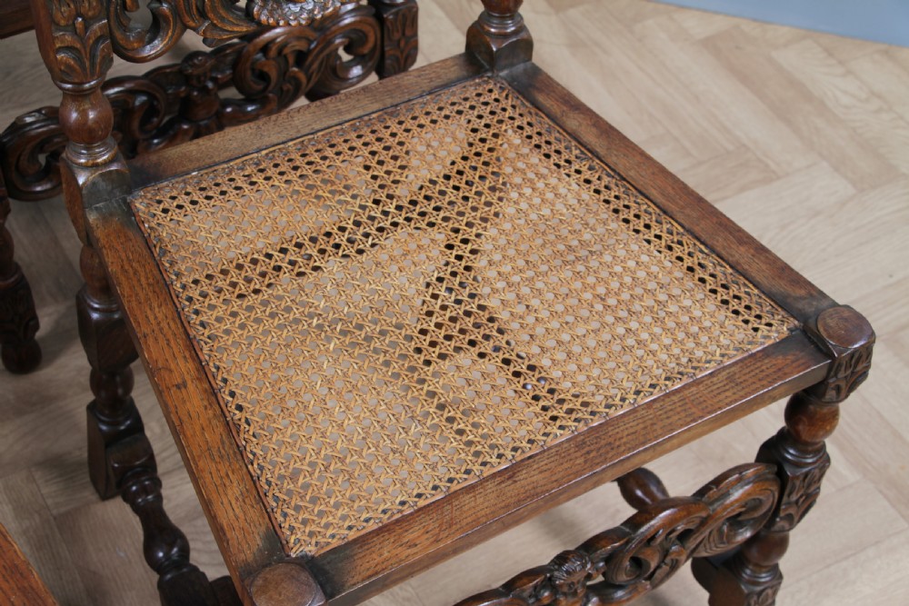 Set of 6 Antique Charles II Jacobean C1920's Oak Heavily Carved Tall Back Dining Chairs View XVIII