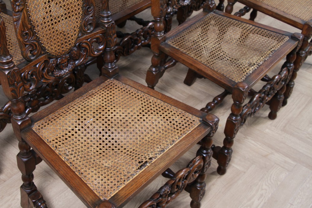 Set of 6 Antique Charles II Jacobean C1920's Oak Heavily Carved Tall Back Dining Chairs View XIX