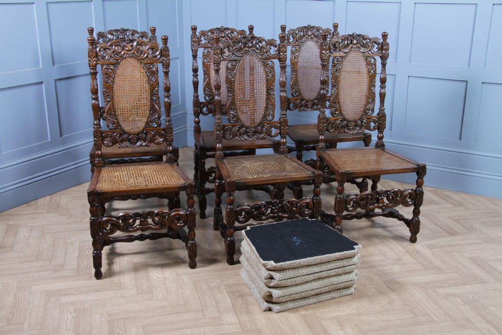 Set of 6 Antique Charles II Jacobean C1920's Oak Heavily Carved Tall Back Dining Chairs View XX