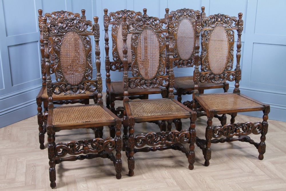 Set of 6 Antique Charles II Jacobean C1920's Oak Heavily Carved Tall Back Dining Chairs View XXI