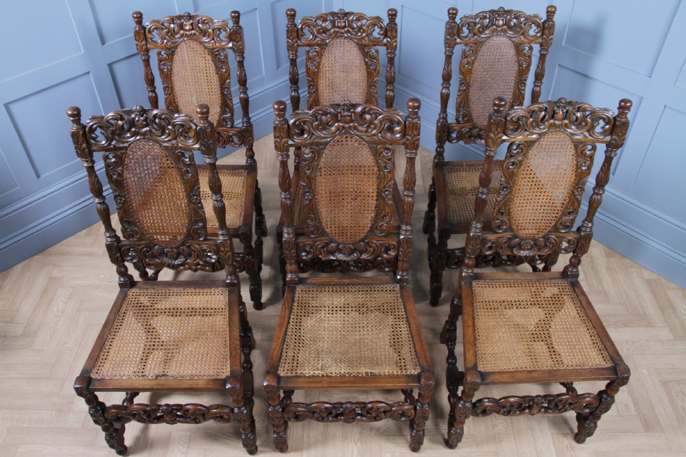 Set of 6 Antique Charles II Jacobean C1920's Oak Heavily Carved Tall Back Dining Chairs View XXII