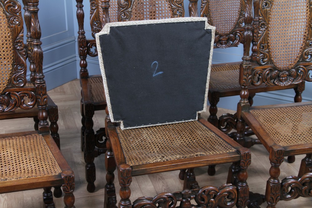 Set of 6 Antique Charles II Jacobean C1920's Oak Heavily Carved Tall Back Dining Chairs View XXIII