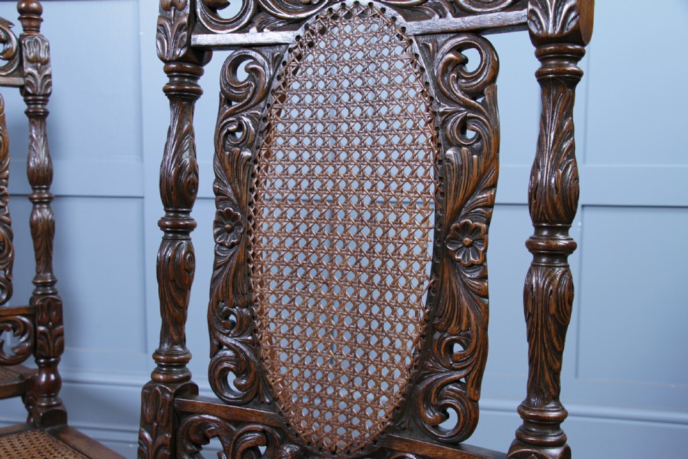 Set of 6 Antique Charles II Jacobean C1920's Oak Heavily Carved Tall Back Dining Chairs View XXIV