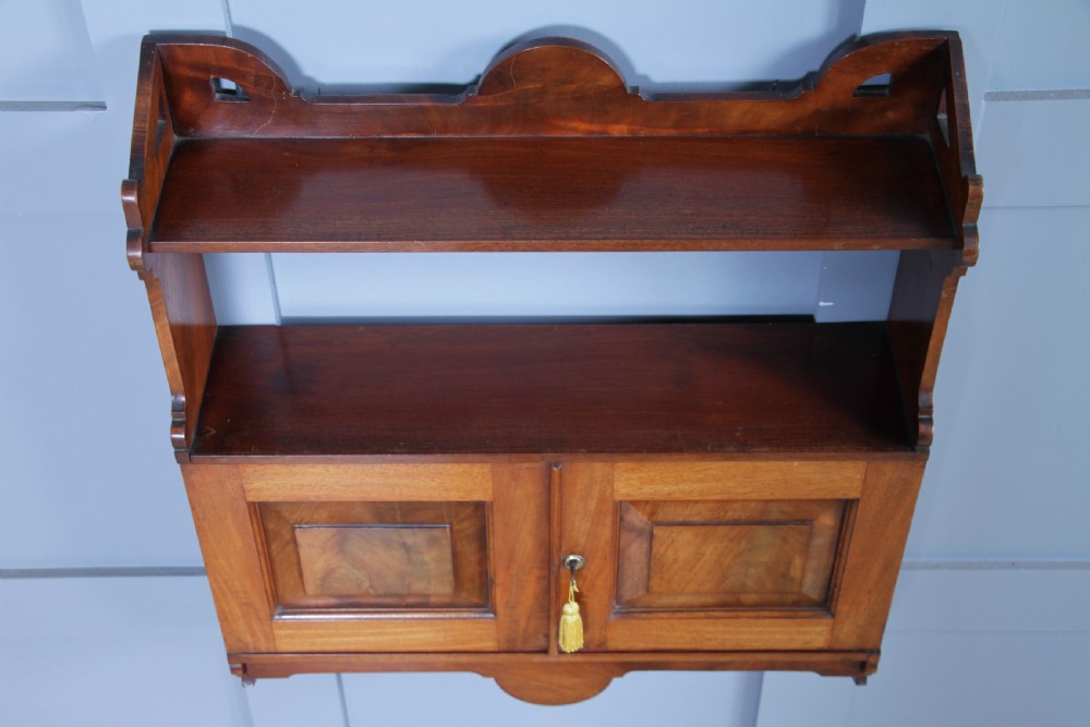 Small Antique Arts & Crafts Edwardian Mahogany Open Shelf 2 Door Wall Hanging Cupboard C1910 View VI