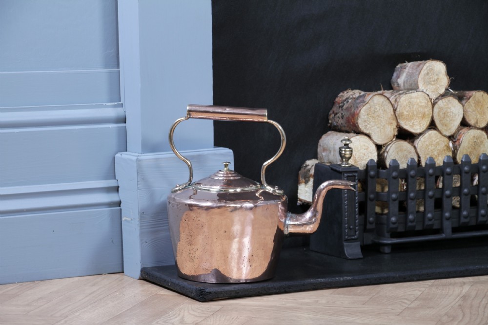 A polished George III copper kettle with a raised brass fixed handle and a curved gooseneck spout. View IV