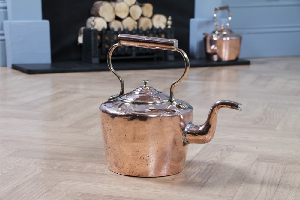 A polished George III copper kettle with a raised brass fixed handle and a curved gooseneck spout. View V